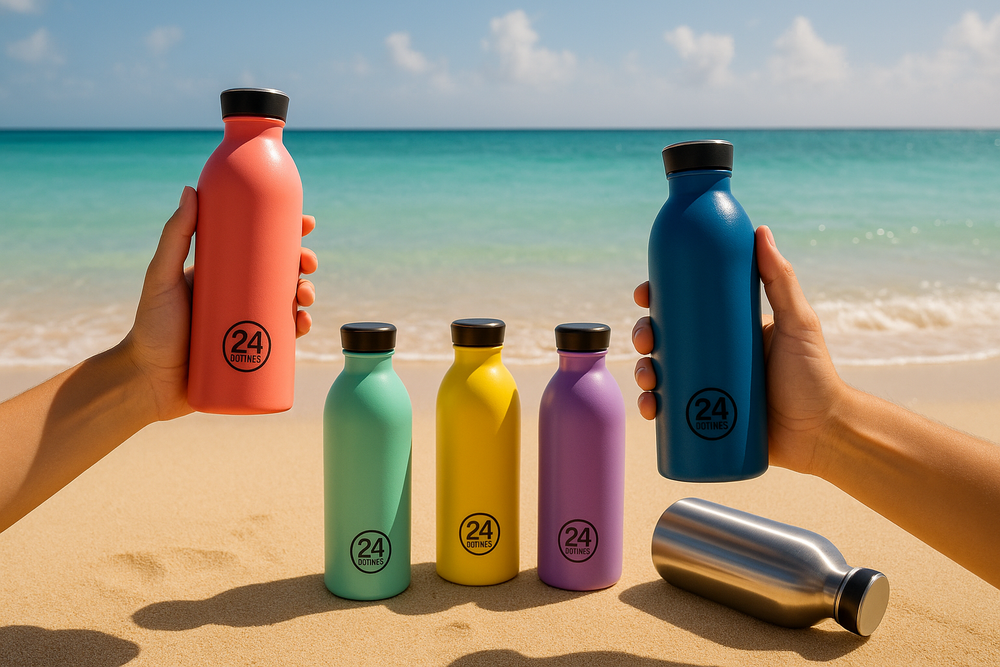in dem Bild sollen Flaschen der Marke 24Bottles in allen möglichen Farben vor einem Hintergrund bestehend aus Strand und Meer dargestellt werden. Zwei Flaschen sollten von Händen gehlaten werden.