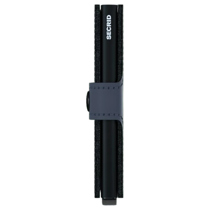 Secrid Geldbörse Nightblue Seitenansicht mit Lederband, minimalistisches Wallet Design