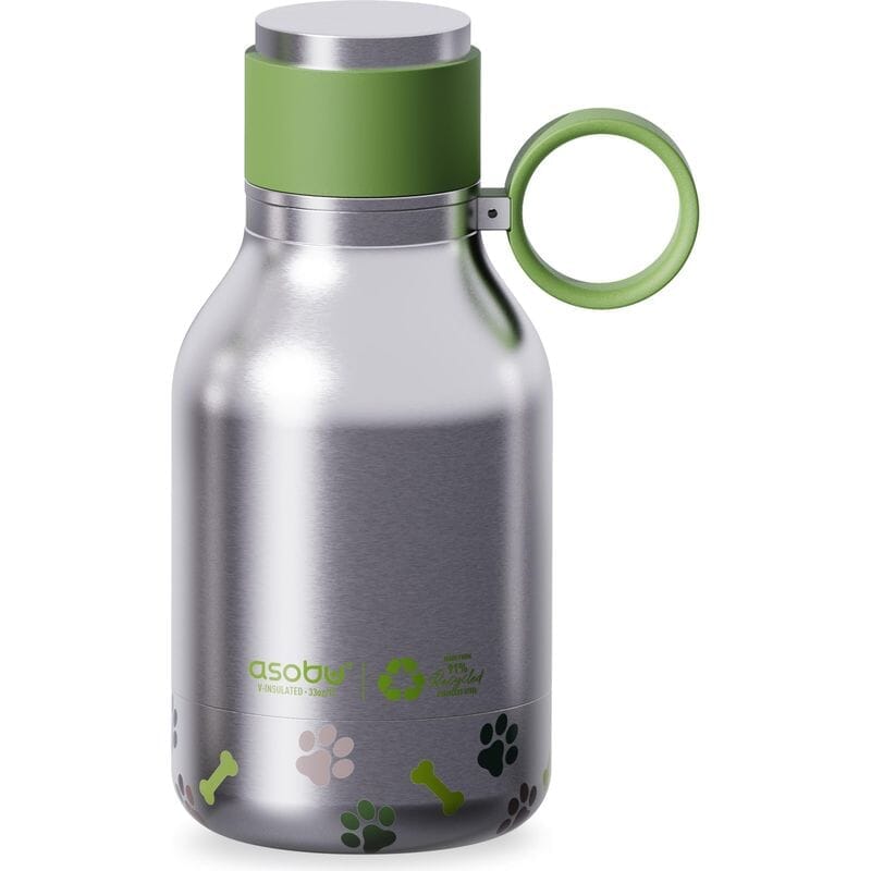 DOG BOWL Flasche mit Hundenapf Trinkflasche asobu Silber Grün aus 91% recycletem Edelstahl 